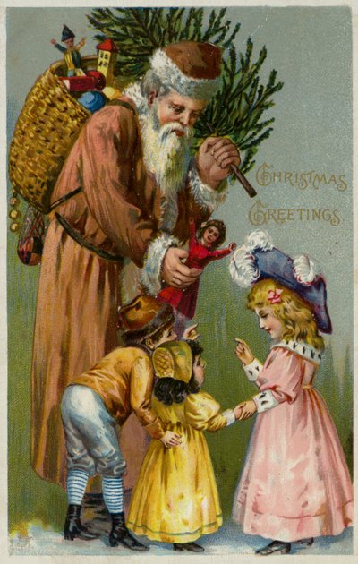 Santa Claus Giving Presents and a Christmas Tree to Children by European School
