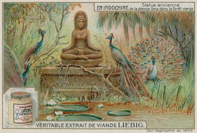 Statue of the Goddess Uma in a Forest with Peacocks by European School