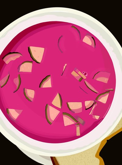 Bowl of Borscht With Sliced Cucumber and Bread by Evan Sklar
