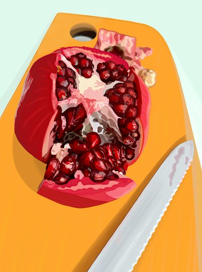 Cut Pomegranate and Knife on Cutting Board by Evan Sklar