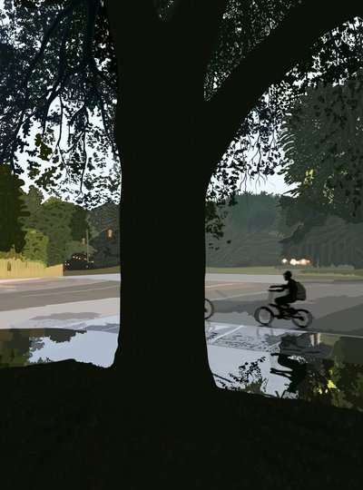 Cyclist and Puddle on Brooklyn Street by Evan Sklar