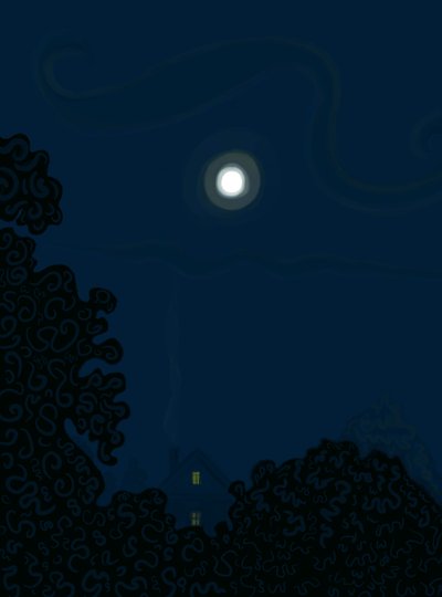 House with Gable and Moon at Night Shadows of Trees by Evan Sklar