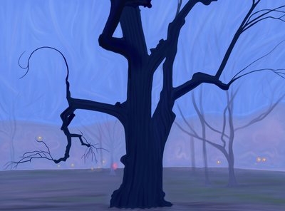 Large Blue Tree Alone in Field in Foggy Morning Twilight, Brooklyn by Evan Sklar