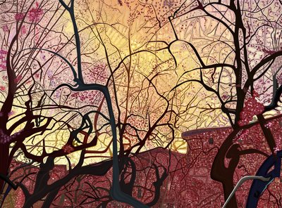 Orange Sky, Buildings and Trees In Spring by Evan Sklar