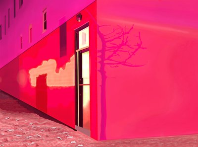 Red Light From Siren and Shadows of Small Tree on Side of Building on 12th Street on Snowy Night by Evan Sklar
