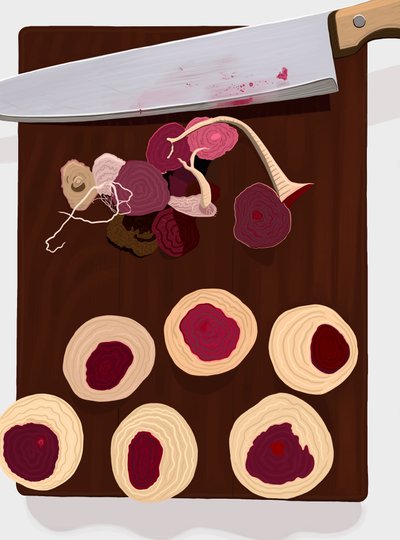 Six Beets On Cutting Board by Evan Sklar