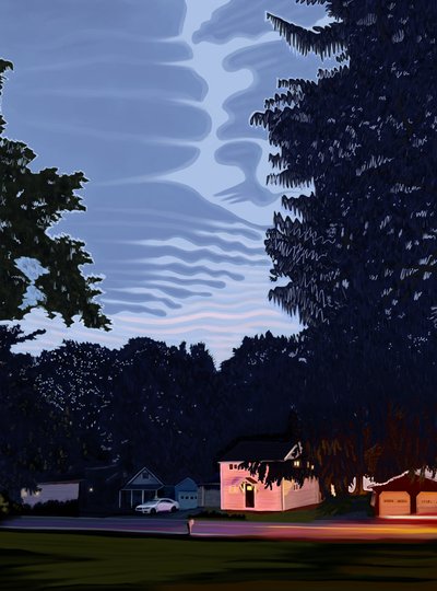Street and Houses with Large Trees in Hamilton, New York at Dusk by Evan Sklar