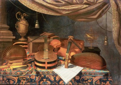 A guitar, a cello, lutes, a musical score and other books and an armillary globe on a draped table by Evaristo Baschenis
