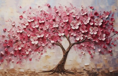 Brown Floral Harmony: Oil Painting of a Flowering Tree by F. Abderrahim