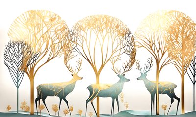 Deer Animal & Gold Tree, Abstract Pastel Colors by F. Abderrahim