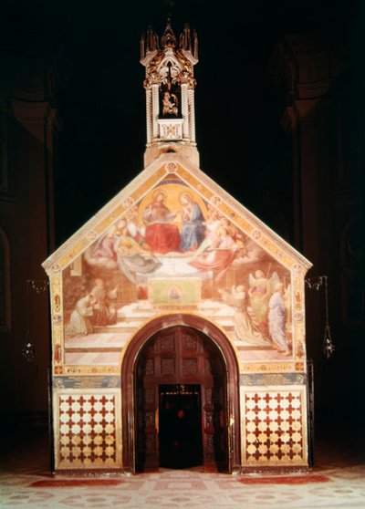Exterior of the Porziuncola Chapel with a fresco showing St Francis receiving the Pardon of Assisi; Interior of Santa Maria degli Angeli by F and Poletti Overbeck