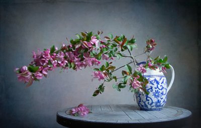 Pink Blooms in Blue Vase by Fangping Zhou