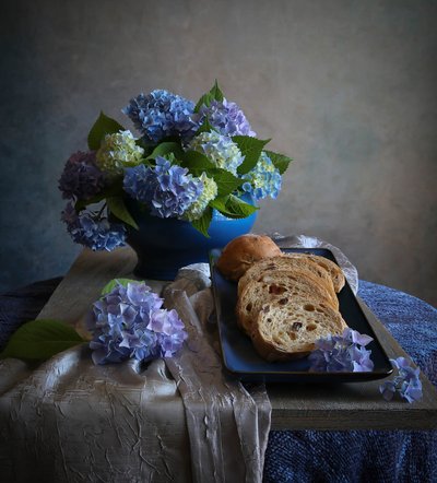 Still Life Hydrangeas Bread by Fangping Zhou