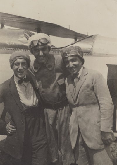 Portrait of Three Men Smiling in Front of an Airplane by Fedele Azari