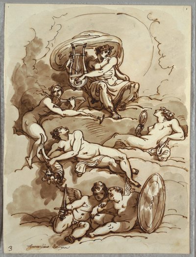Apollo with Lyre, Fame, Abundance, Beauty and Two Putti on Clouds, Study after Marcantonio Franceschini by Felice Giani