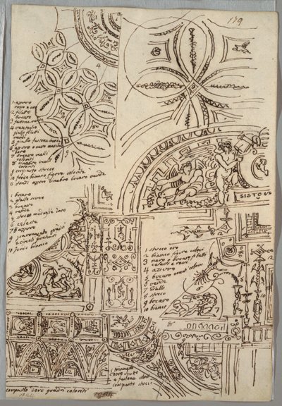 Decorative Studies of Ceilings with Grotesque; Studies of Monument with Papal Seal, Sisto V by Felice Giani