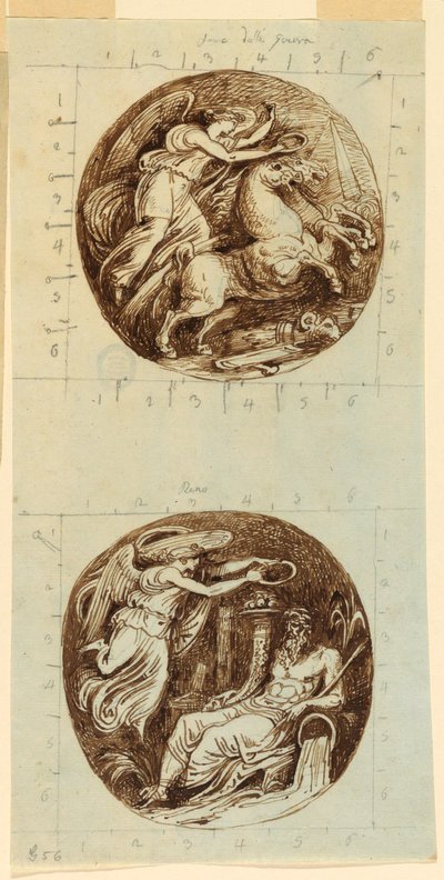 A Winged Victory Riding a Chariot; A Winged Victory Crowning a River God, Reno; two roundels, ca. 1805 by Felice Giani