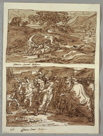 Romulus and Remus Suckled by the Wolf; Romulus Dedicates to Jove Feretrius the Spoils of Conquered King Acronius, Two Studies after Carracci by Felice Giani