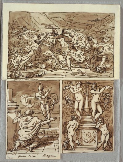 The Battle Between the Romans and the Sabines; Apparition of Romulus to Proculus, Two Studies after the Carracci; Candelabrum by Felice Giani