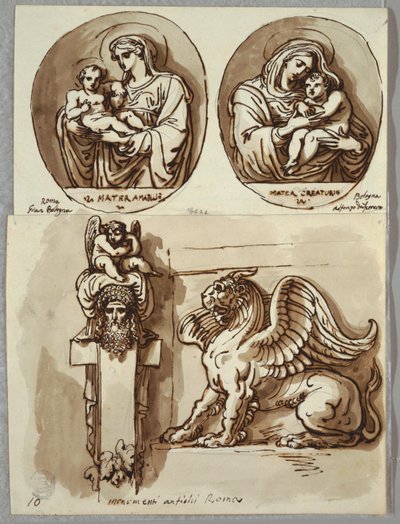 Two Drawings of the Madonna and Child in Ovals, Studies after Giambologna and Alfonzo da Ferrero; Herm and Chimera, after Antique by Felice Giani