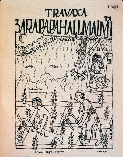 An Inca Hatun Runa couple working in the fields in January by Felipe Huaman Poma de Ayala