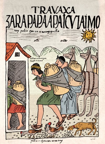 Inca Empire: Inca peasants working in the fields in July - Ink drawing from Don Felipe Puma de Ayala