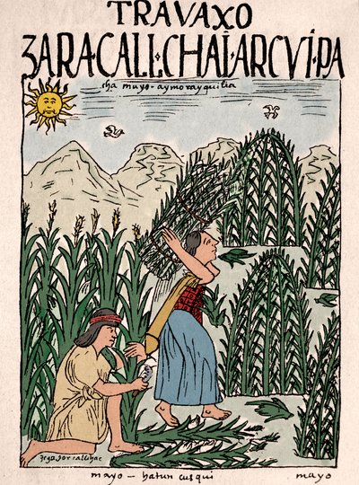 Inca Empire: Inca peasants working in the fields in May (Ink drawing from Don Felipe Puma de Ayala