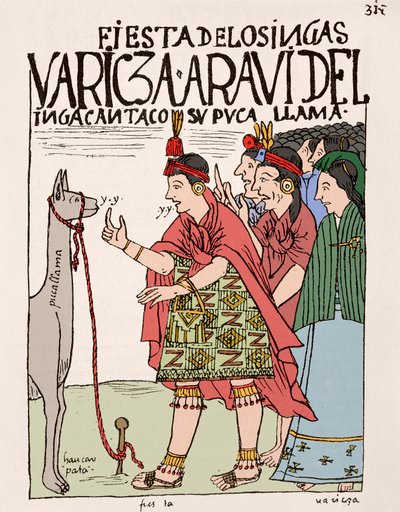 Inca Empire: the sacrifice of a llama on the occasion of an Inca rite (Ink drawing from the manuscript 