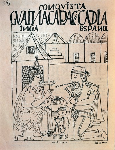 Inca from Cuzco and English conquistador receiving gifts by Felipe Huaman Poma de Ayala