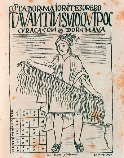 Inca man holding a quipu by Felipe Huaman Poma de Ayala