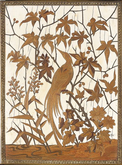 Inlaid Panel with an Exotic Bird Amidst Foliage in Marshland, Maison Grioux by Ferdinand Duvinage