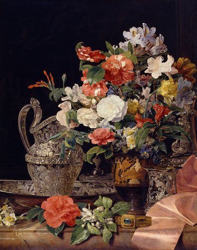 Bouquet of Flowers with Silver Vessels and an Antique Vase by Ferdinand Georg Waldmüller