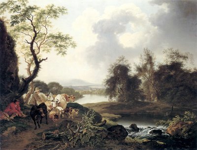 River Landscape with Waterfall, Resting Wanderer, Shepherds with Cows and Goat, and Three Travelers by Ferdinand Kobell