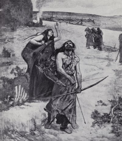 Ice Age man learning to hunt with bow and arrow by Fernand (after) Cormon
