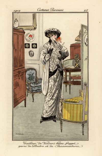 Woman in suit of white velvet decorated with otter fur and trim by Fernand Siméon