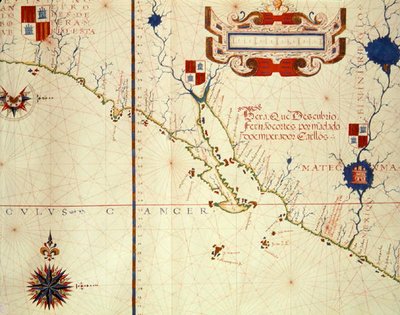 Map of Mexico and lower California, from an atlas, 1571 by Fernao Vaz Dourado