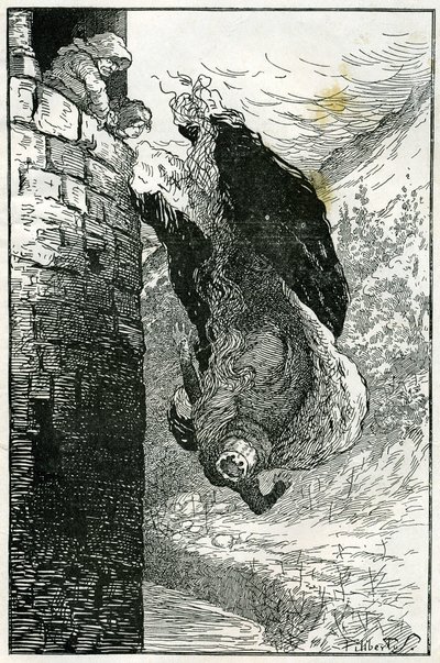 Fable: "They Threw Her Out the Window Directly into the River". Illustration by Filiberto Scarpelli for the fable "The Little Dwarfs of the Woods" (Three Young Men in the Forest) from a collection by the Brothers Grimm "Snow White and Other Tales" by Filiberto Scarpelli