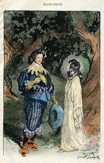Illustration by Filiberto Scarpelli for the fable "Snow White" from a collection of fables by the Brothers Grimm "Snow White and Other Tales" by Filiberto Scarpelli