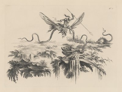 A Savage mounted on a winged Serpent battling with a wild beast resembling a Porcupine by Filippo Morghen