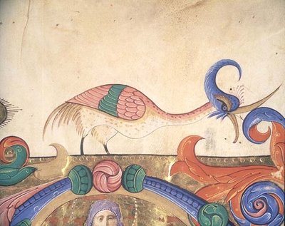 Fantastical bird, detail of the decoration surrounding an historiated initial from a Choir Book executed before 1449 (detail) by Filippo di Matteo Torelli