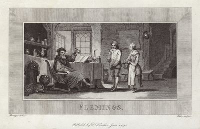 Flemings. Engraving of servants and master. by Flemish School