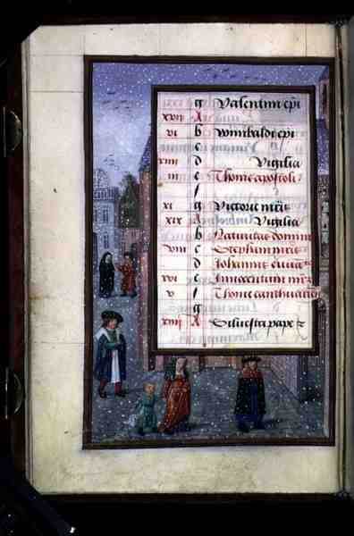 Snow in a Street, illuminated calendar page for December, from a Book of Hours by Flemish School