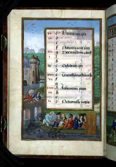 A Boating Party on a River, Illuminated Calendar Page for May, from a Book of Hours by Flemish School