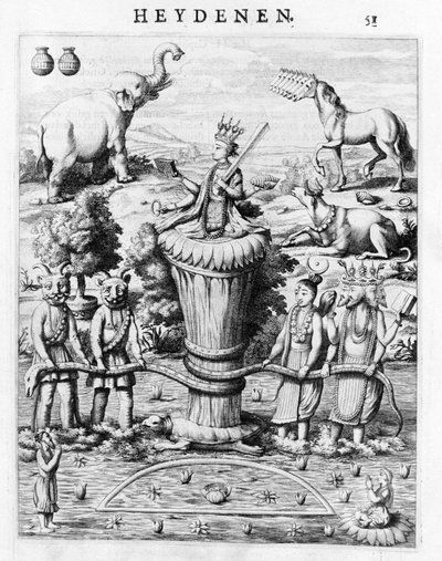 Samudramathana, with the Participation of Deva (Surya, Shiva, Vishnu, Brahma) with Demons and Mounts. According to Baldaeus Philippus Afgoderye der oost-indische Heydenen. Amsterdam 1672 by Flemish School