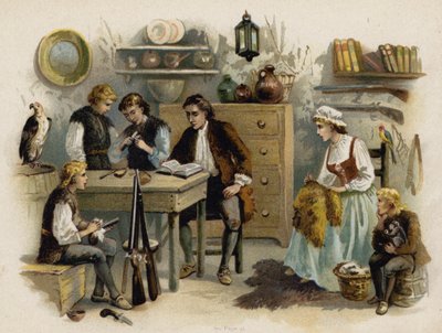 Scene from The Swiss Family Robinson: Father reading to the family in Rock Castle by Florence Maplestone