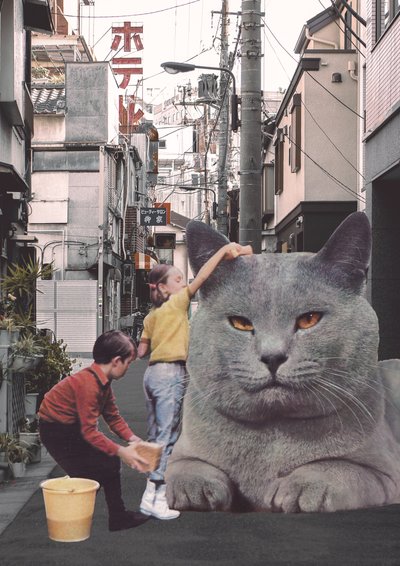 Children washing a giant Cat in Tokyo Streets by Florent Bodart