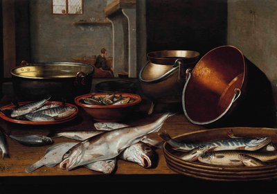 A Kitchen Interior with Fish and Utensils on a Table by Floris van Schooten