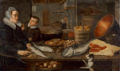 A Kitchen Still Life with a Maid Cleaning Fish at a Table and a Boy Holding an Apple by Floris van Schooten