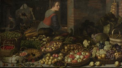 Still Life with Fruit and Vegetables, with Christ at Emmaus in the Background, c. 1630 by Floris Gerritsz van Schooten