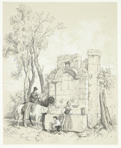 A Man Watering Horses at a Well, While a Woman Fetches Water and a Boy Helps Her by Fortuné Ferogio